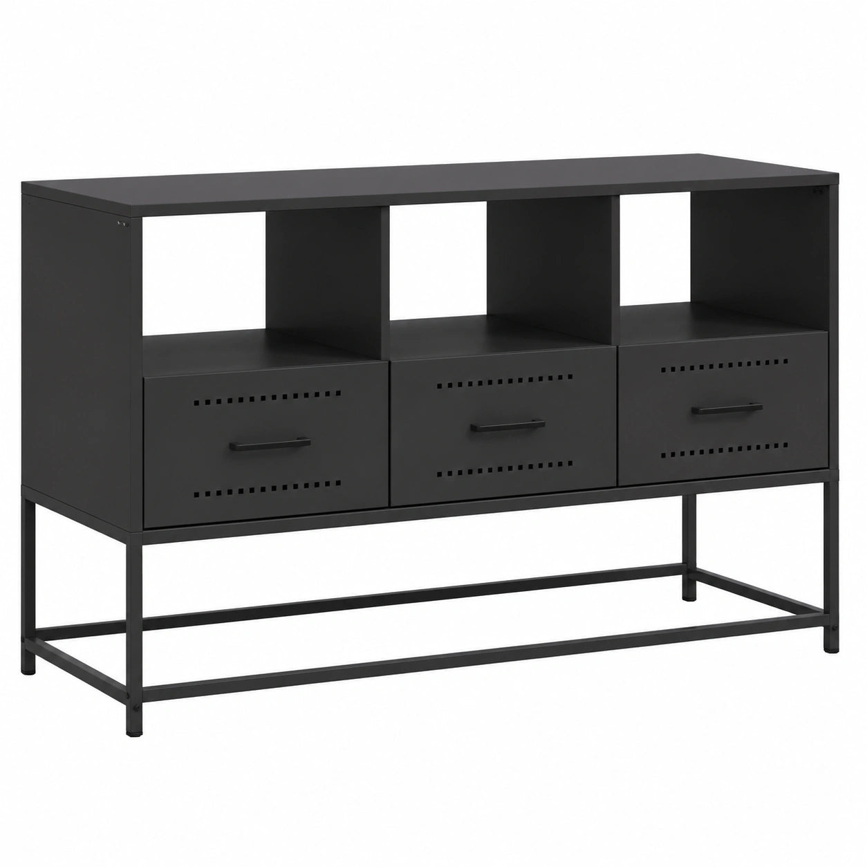 Mobile TV Fengshui nero in acciaio con 3 scomparti e 3 cassetti, stile industriale, 100,5x39x60,5 cm