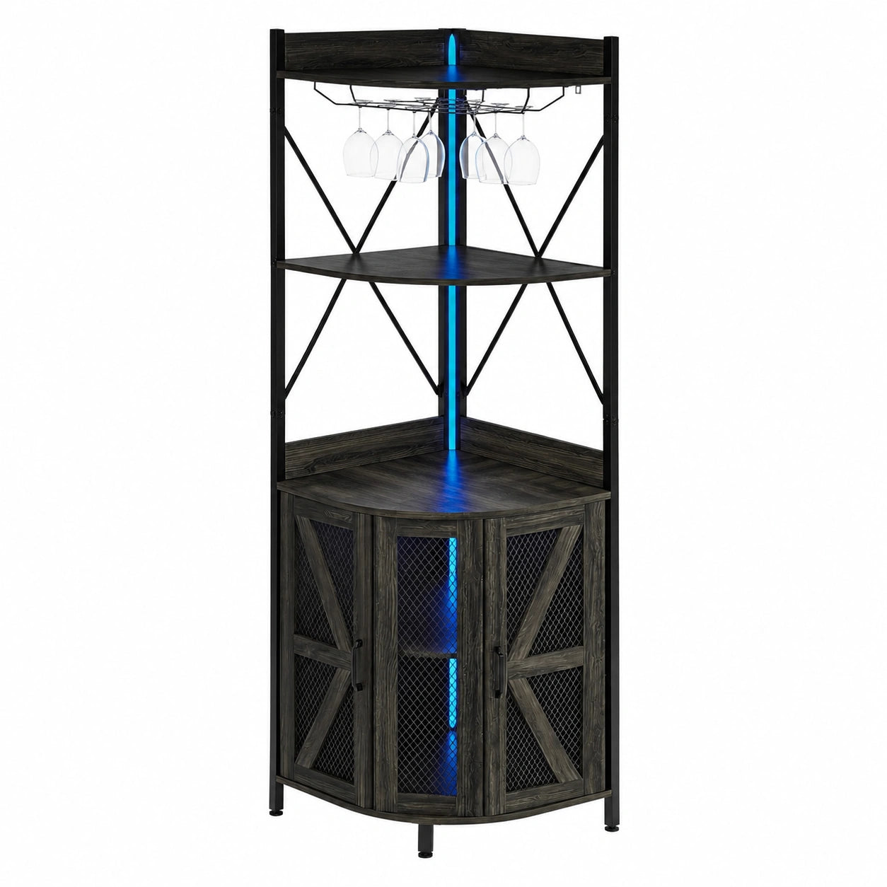 Cantinetta Angolare con Illuminazione LED e Porta Bicchieri, Mobile Bar Industriale a 5 Ripiani per Cucina e Sala da Pranzo