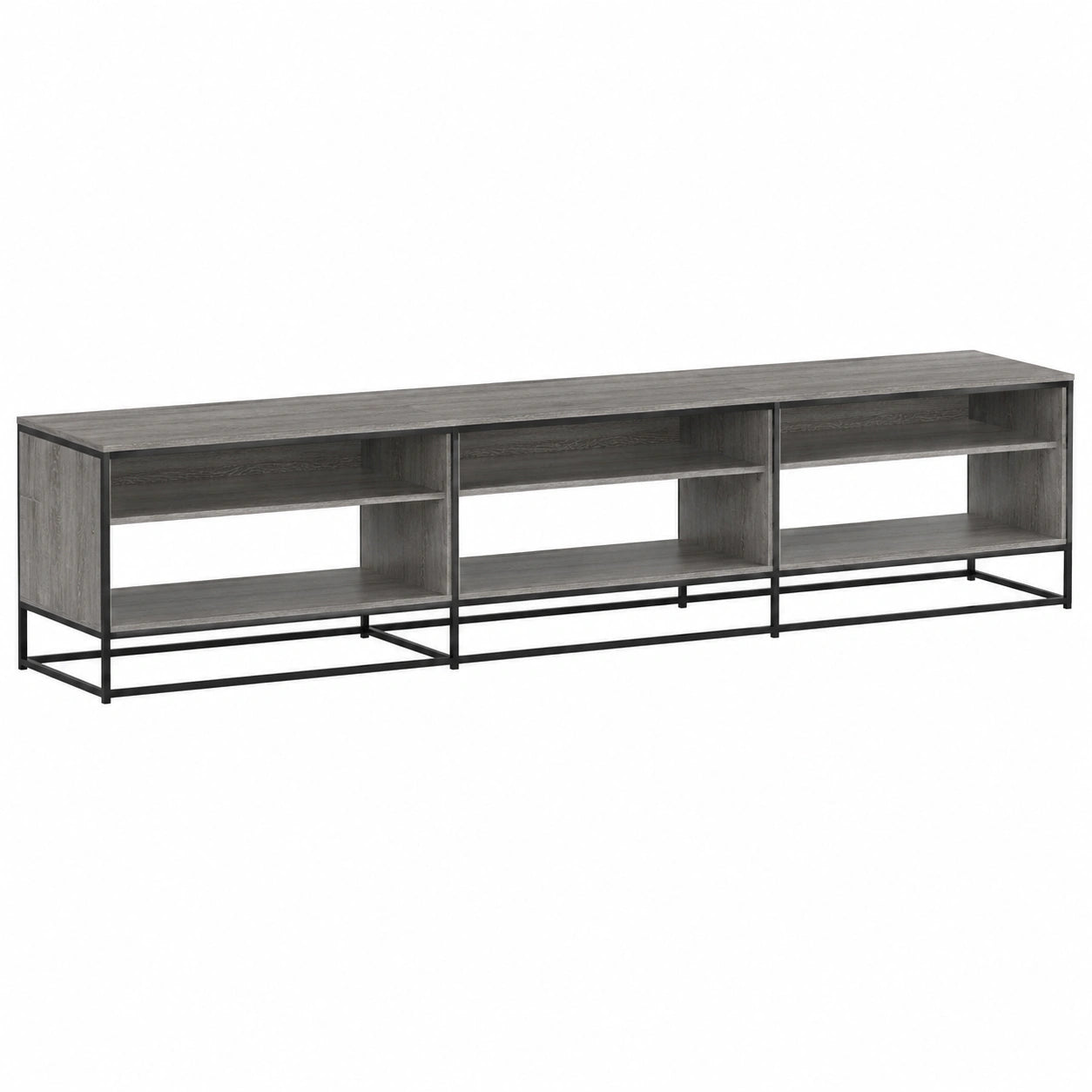 Tavolino TV Industriale 270x40x46 cm in Grigio Sonoma con Struttura in Metallo e 6 Scomparti