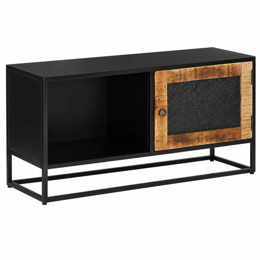 Mobile TV industriale in legno di mango con porta intagliata, 90x30x40 cm