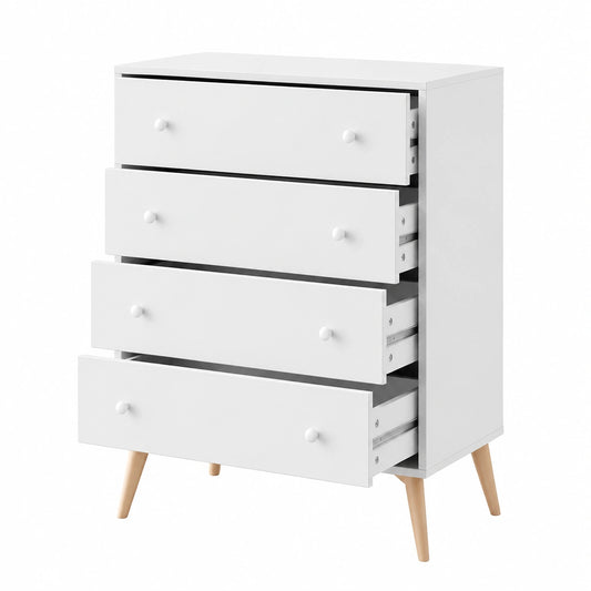 Cassettiera Scandinava 4 Cassetti con Gambe Nordiche, Comò Bianco Opaco per Camera da Letto