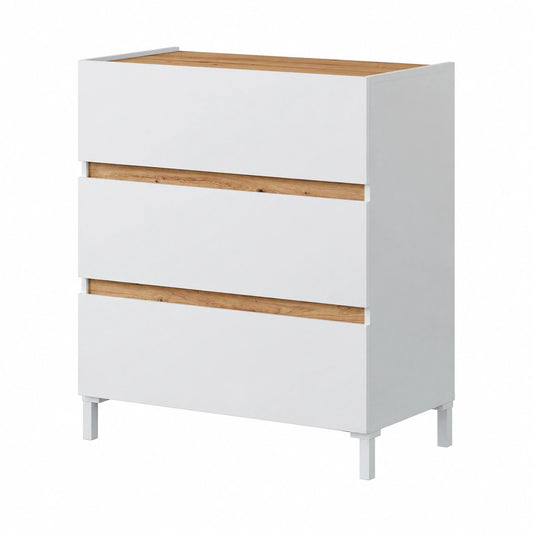 Cassettiera Moderna Nordica con 3 Cassetti e Gambe Rialzate, Bianco e Rovere, 79x90,5x41 cm