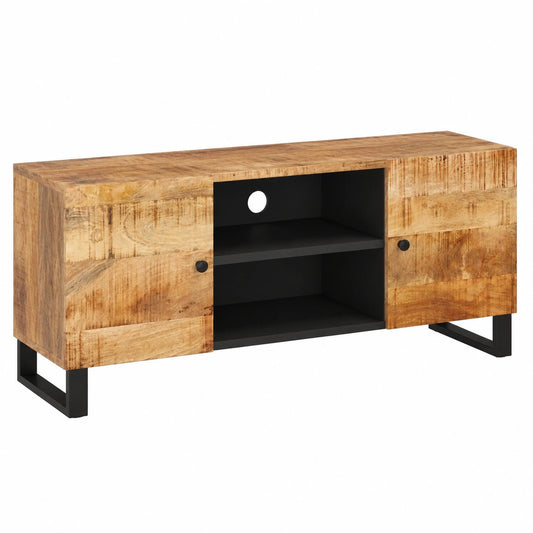 Mobile TV in Legno di Mango Nero con 4 Scomparti, Stile Industriale, 105x33x46cm