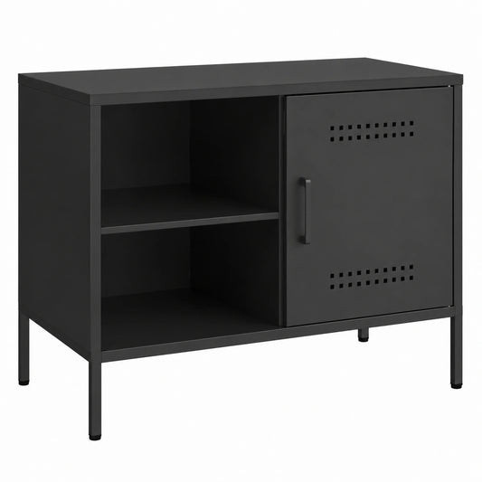 Mobile TV stile industriale nero con ripiani aperti, 68x39x50,5 cm per soggiorno