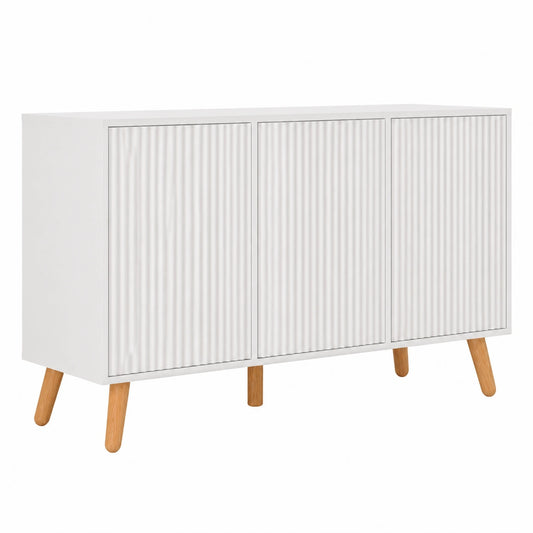 Credenza Moderna Renzo in Bianco con Piedi in Legno e Ante Scanalate