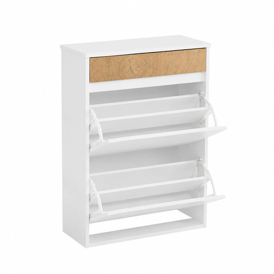 Mobile Scarpiera Salvaspazio con Ante a Ribalta e Cassetto - Design Nordico Bianco e Rovere