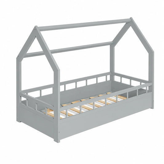 Letto Casetta per Bambini 80x160 cm in Legno Massello con Sponda di Sicurezza - Design Montessori Nordico