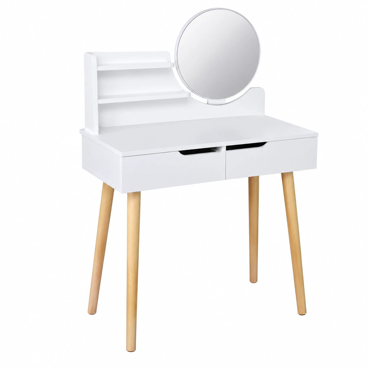 Tavolo da Trucco Scandinavo Bianco con Specchio Rotondo e 2 Cassetti