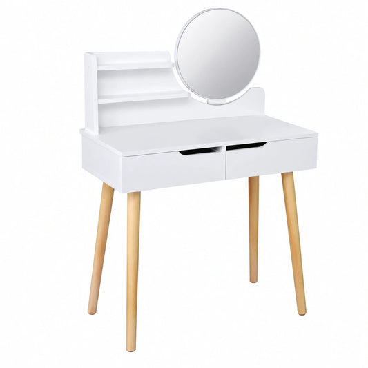 Tavolo da Trucco Scandinavo Bianco con Specchio Rotondo e 2 Cassetti
