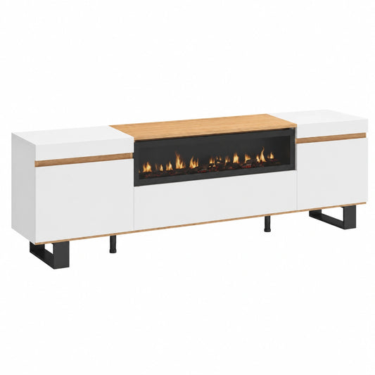 Mobile TV con Camino Elettrico, 200x57x35cm, Adatto per TV fino a 80", Design Industriale Bianco e Rovere