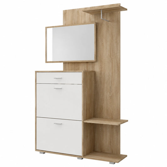 Mobile Ingresso Moderno con Scarpiera Specchio e Cassetto, Stile Nordico, Rovere e Bianco