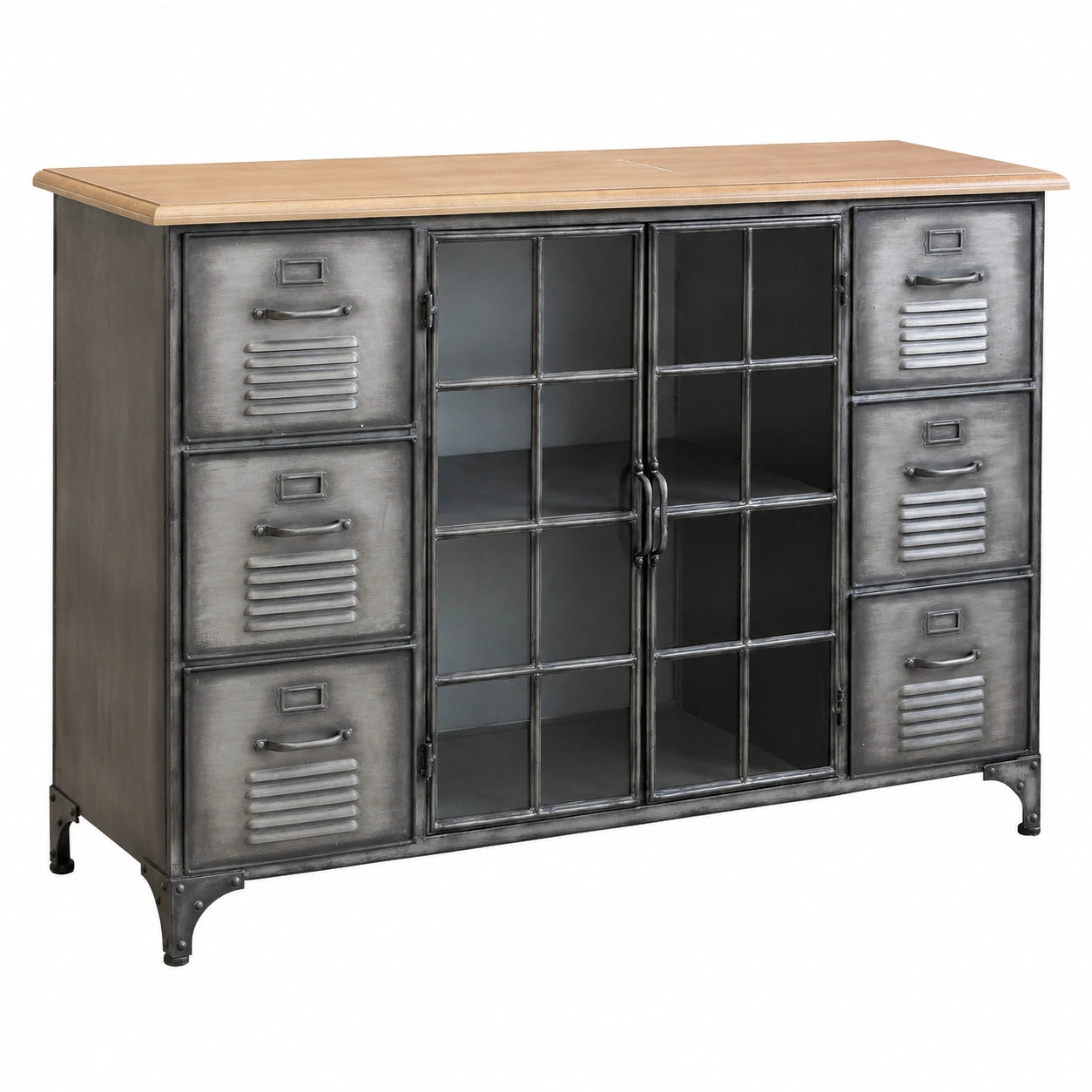 Credenza Industriale in Legno e Acciaio con 2 Ante e 6 Cassetti, 124,5x83 cm, Antracite