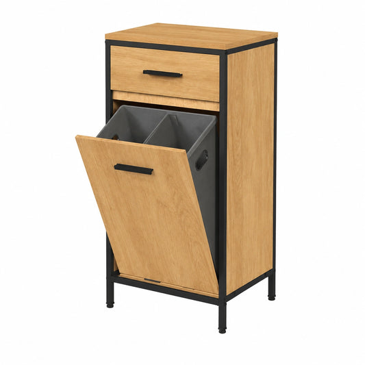 Mobile da Bagno Autoportante con Cassetto e Sacco Biancheria in MDF, Rovere Chiaro e Nero, 38x34x80 cm