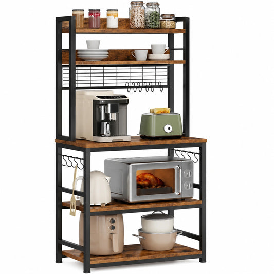 VASAGLE Mobiletto Cucina Vintage con Ripiani e Ganci, Porta-Microonde Robusto, 40x80x170 cm, Marrone e Nero