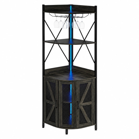 Cantinetta Angolare con Illuminazione LED e Porta Bicchieri, Mobile Bar Industriale a 5 Ripiani per Cucina e Sala da Pranzo