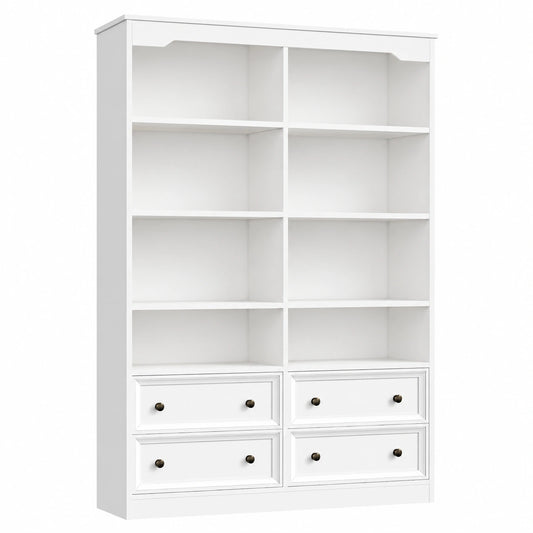 Libreria FirFurd 180 cm con 8 Scomparti e 4 Cassetti, Stile Nordico, Bianco